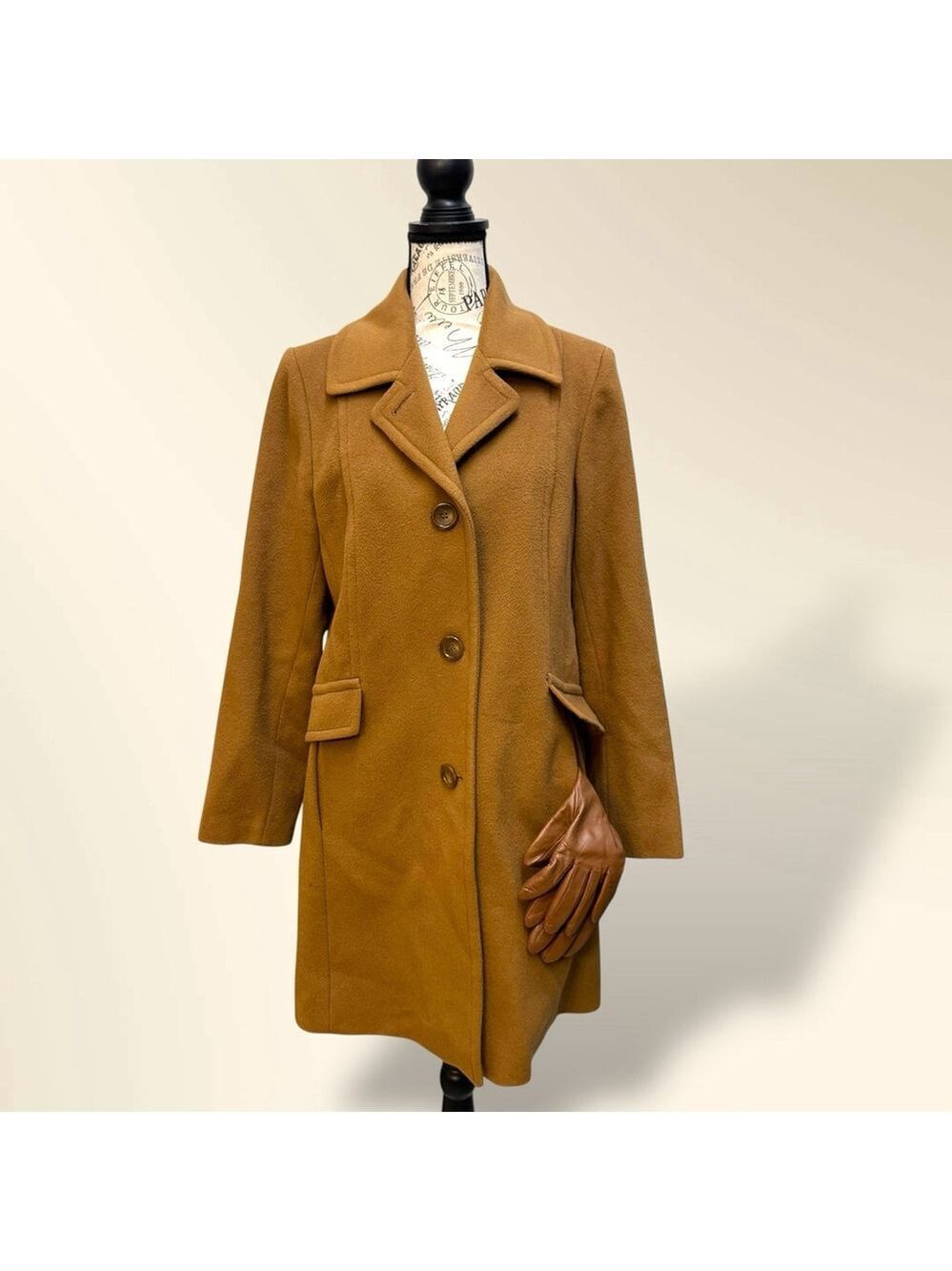 Ann Klein Wool Cashmere Blend Peacoat Brown Women’s Size 14P & Leather Gloves